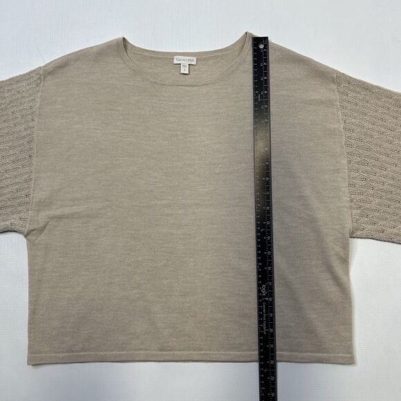 Garnet Hill Relaxed Fit Sweater Women’s Small Tan Pointelle Knit Balloon Sleeve - Picture 5 of 10